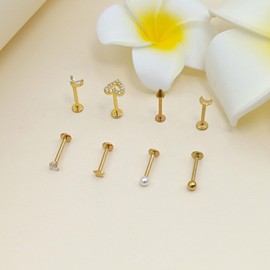 Gojewen 8pcs Lip Bars Labret Studs 16G 10mm Stainless Steel Gold Helix Tragus Cartilage Earring Stud Piercing Bar Heart Butterfly