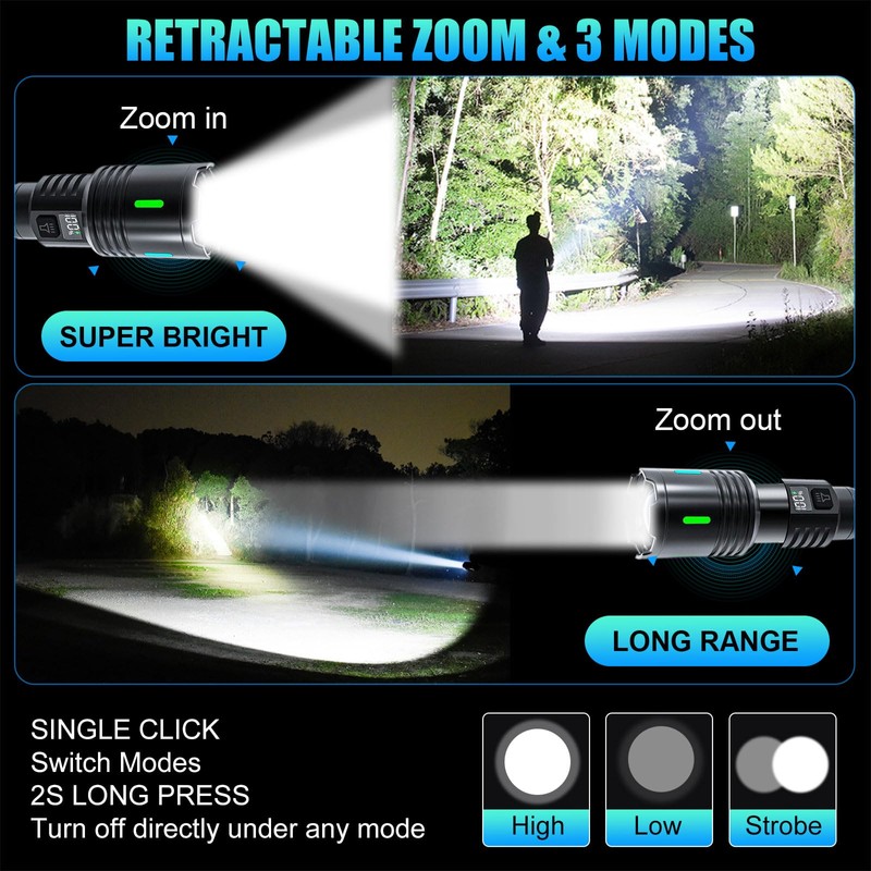 2 Pack Flashlights High Lumens Rechargeable, 100,000LM Super Bright Flash