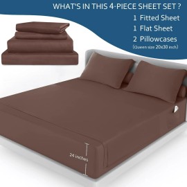 Moonsea 4 Piece Bed Sheet Set Fits 16-24" Air Mattress Extra Deep Pocket Full Size Brown