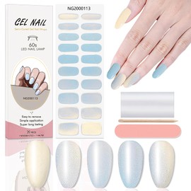 WOKOTO 20 Pcs Pearlescent Blue Semi Cured Gel Nail Strips With Nail File & Wooden Stick Aurora Holographic Nail Gel Strips UV Light Gel Nail Stickers Full Nail Wraps Stick On Nails Color Strips