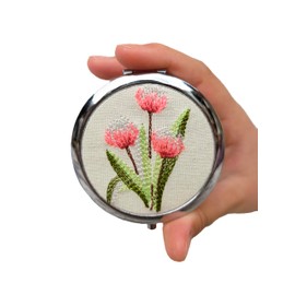 Leimandy Double-Sided Foldable Makeup Mirror 7cm Compact with Embroidered Purse Design - Pink Tulip Portable Vanity Mirror for Women L1 (Pink Tulip)