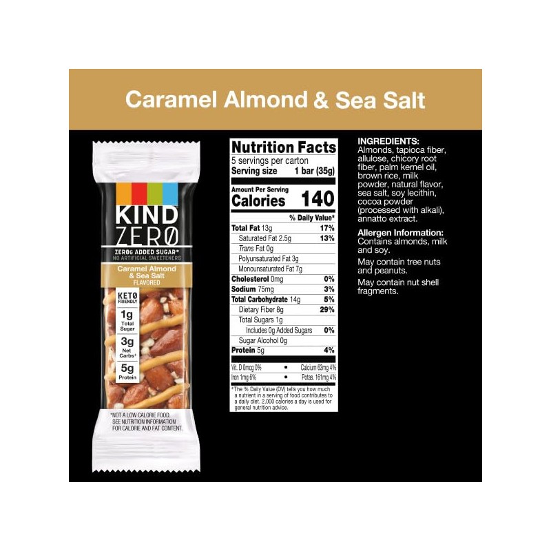 KIND ZERO Added Sugar Bars, Caramel Almond & Sea Salt,
