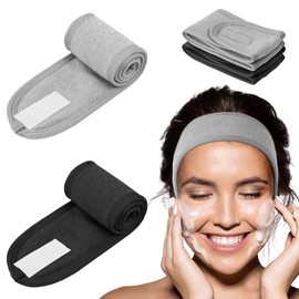LOPHE 2 Pack Spa Headband, Facial Makeup Hair Wrap with Adjustable Magic Sticker, Women Skincare Headband, Washband for Shower, Headband for Washing Face Shower Sports (Gray, Black)