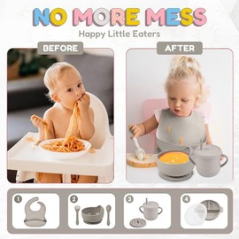 Joline Designs Silicone Baby Feeding Set - Perfect silicone plates for baby & Toddler Plates with lids, Baby Bowls with Suction, Baby Utensils - Baby Led Weaning Supplies & Eating Essentials - (Gray)