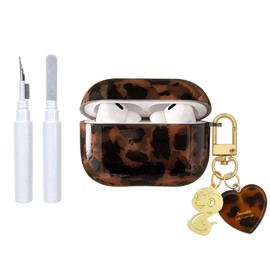 inewateri Compatible for Airpods Pro (2019) Case with Cleaner Kit Cute Black Brown Leopard Cool Amber Tortoise Aesthetics Shockproof Love Keychain Cover-Black