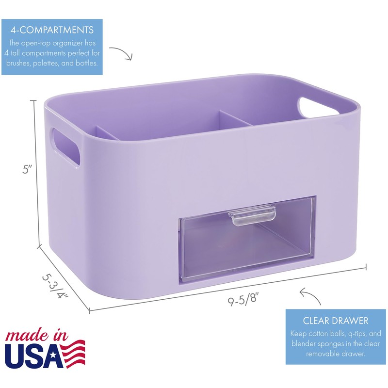 STORi Bliss Lilac Purple Makeup Organizer for Countertop, Divided Bathroom
