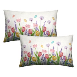 Kwlegh Spring Summer Floral Rectangle Pillow Case 12x20 Pink Tulip Lumbar Throw Pillow Covers Flowers with Butterflies Decorative Waist Pillowcase Set of 2 for Bed Couch Sofa
