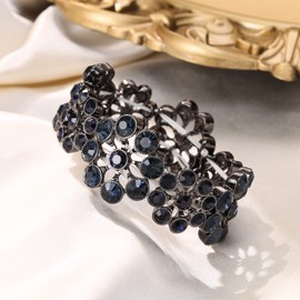 Flyonce Wedding Bridal Bracelet for Brides, Navy Blue Rhinestone Crystal Flower Cluster Elastic Stretch for Women