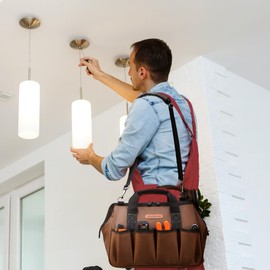 WELKINLAND 17-Pockets Electrician Tool Bag, 14" Portable tool bag, Brown heavy-duty tools bags for men, Mechanics tools bag with shoulder strap