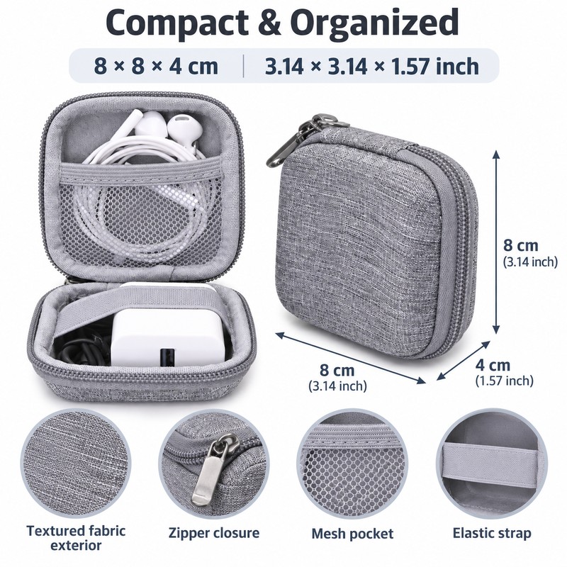 Portable Electronics Organizer Case for Cables – Compact Square Storage