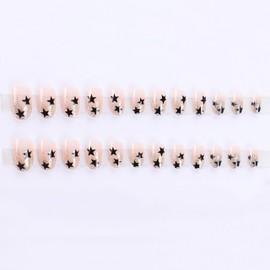 MERVF Oval Press on Nails Medium Fake Nails Press ons Glitter French Tip Glue on Nails with Black Star Design Round Ombre Acrylic False Nails 24pcs Glossy