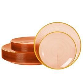 N9R 60PCS Orange Plastic Plates with Gold Trim – 30 Dinner & 30 Dessert Plates, Circular Ribbed Design, Elegant Disposable Plates for Weddings, Events, Banquets, Special Occasions (Translucent Orange)