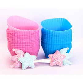 Square Silicone Cupcake Liners - 120 PC Reusable Baking Cups - Pink & Blue with Crown and Stars Toppers - Silicone Muffin Liners for Lunch Box & Baking