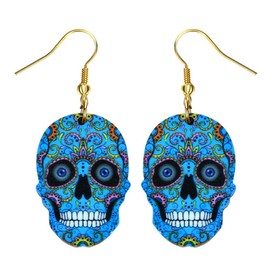 Liavy's Day of the Dead Sugar Skull Fashionable Earrings - Acrylic - Fish Hook - Blue