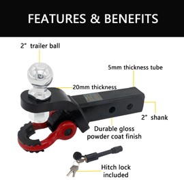 Trailer Hitch Ball Mount with Tow Shackle and 3/4" Hitch Pin Clip for Heavy Duty Trucks, SUVs, and Cars, Multifunctional 2 in 1 Hitch Mount Fits 2Inch Hitch Receiver