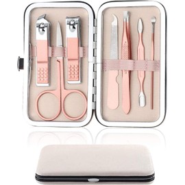 Nail Clippers and Manicure Set - 7-in-1 Stainless Steel Grooming Kit with Eyebrow Scissors, Tweezers, Nail File, and Clippers in Pink PU Leather Case for Travel & Home Use