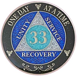 (Years 1-50) 33 Year AA Recovery Silver Color Plated Glitter Medallion, Black Rainbow, Blue, Silver Glitter Coin, Epoxy Covered (AA 33 Year Glitter Medallion)