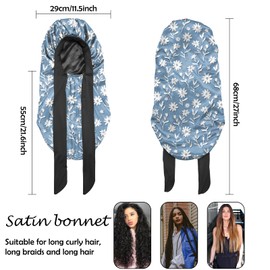 BHAHB Silk Feeling Long Satin Bonnet for Sleeping Adjustable Double Layer Elastic Reusable Long Hair Caps Cute Aesthetic for Women Girls-Flowers