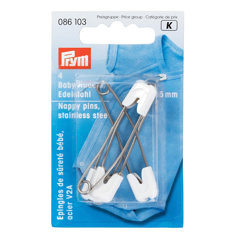 Prym Nappy Pins, Metal, White, 55 mm (4 pins)