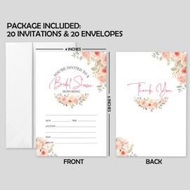 AEHIE 20 Sets Bridal Shower Invitations With Envelopes,Pink Roses Floral Double-sided Printed Invitation Invite Cards for Weddings Engagement Showers Parties and Receptions,Bridal Shower Invites