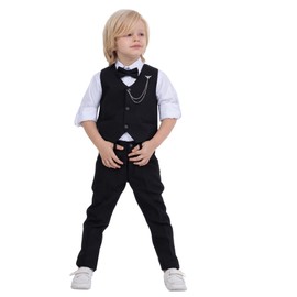 Vest Suit for Boys | 4-Piece Set Shirt, Pants, Vest, and Bow Tie | Party and Formal Wear for Boys Aged 1-13 Years (UK, Age, 7 Years, 8 Years, Regular, Black I)
