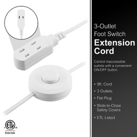 GE GE Extension Cord with Footswitch 3 Outlet Extension Cord with Multiple Outlets with On Off Switch Perfect for Work from Home Essentials 9ft Power Cord 16 Gauge UL Listed White 42803