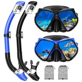 Snorkeling Gear for Adults, Snorkel Set Scuba Diving mask Dry-Top, Adult Swimming Goggles w/Nose Cover, HD Tempered Glass Panoramic Anti-Leak Anti-Fog, Travel Snorkeling Packages