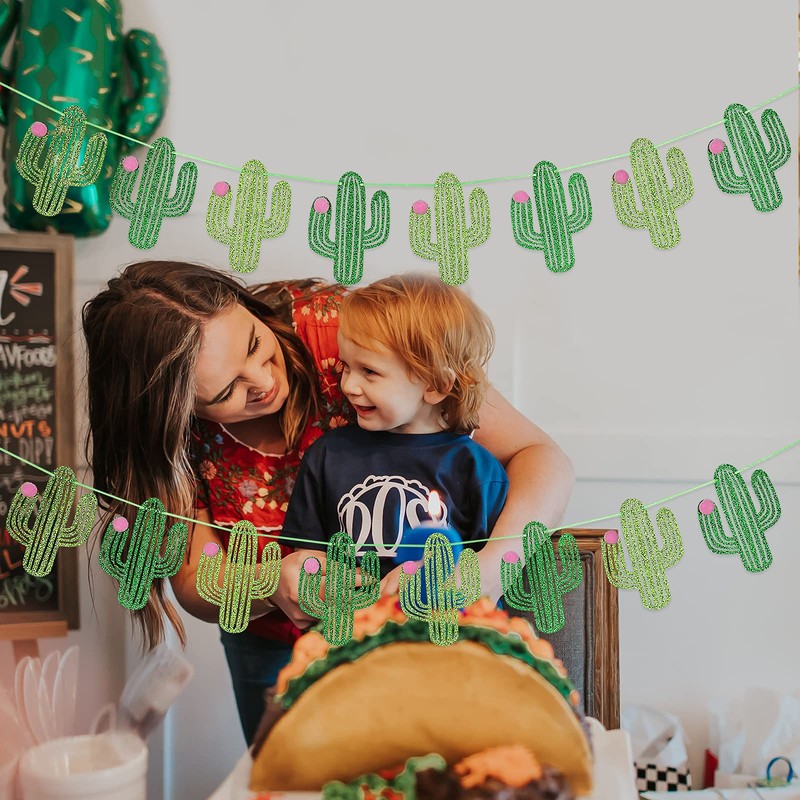 2Pcs Taco Cactus Garland Banner Green Glitter, Cinco De Mayo