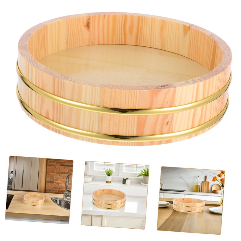 VICASKY Traditional Wooden Sushi Rice Mixing Tub Wooden Rice Bucket
