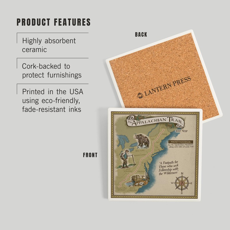 Lantern Press Appalachian Trail Map (Absorbent Ceramic Coaster, Single, Cork