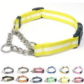 PUROAYET Martingale Collar for Dogs,Adjustable Nylon Collars with Quick Release Buckle,Multicolor Stripe,Stainless Steel Chain NO Pull Training Collars for Samll Medium Large Dogs(Yellow and White,M)