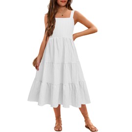 Arshiner Girls Summer Dress Boho Spaghetti Strap Square Neck Solid A Line Beach Long Dress with Pockets White 9-10 Years