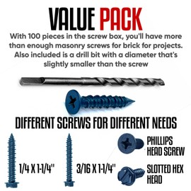 Grrrgooo Screw 1/4 x 2-1/4" Star Torx Head Concrete Screws - Steel Masonry Screws for Concrete, Bricks, Blocks - Self-Tapping Concrete Screws with 3/16 x4-1/2 Drill Bit - 100 Screws/Box