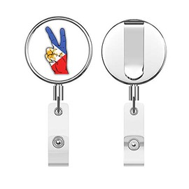Philippines Flag Hand Peace Sign Round ID Badge Key Card Tag Holder Badge Retractable Reel Badge Holder with Belt Clip