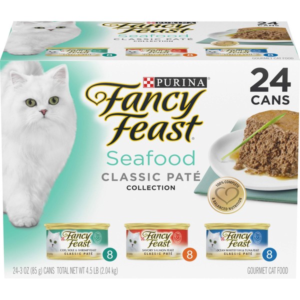 Purina Fancy Feast Seafood Classic Pate Collection Grain Free Wet Cat Food Variety Pack - (24) 3 Oz. Cans