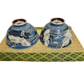 Japanese Mino Ware Ceramic Rice Bowl Set, Cranes Pattern, 4.84 Inches Diameter x H2.56 Inches, 13.3 Fluid Ounces Set of 2 from Japan (Blue Crane Design)