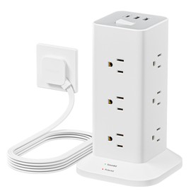 Surge Protector Power Strip Tower, TESSAN 10 ft Flat Extension Cord with Multiple Outlets, 12 AC Outlets with 3 USB Ports (1 USB C), Multi Charging Station for Office Supplies, Dorm Room, Home, White