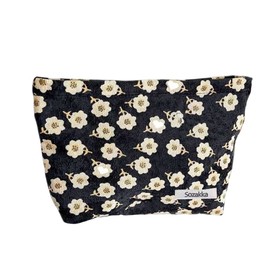 Makeup Bag for Women,Large Corduroy Cosmetic Bags Travel Zipper Pouch Girls Washable Toiletry Bag Organizer,Plum Blossom Black