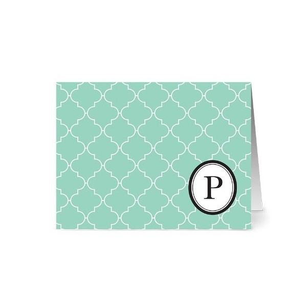 Note Card Café Monogram Mint ‘P’ Letter Cards | Grey Envelopes | 24 Pack | Blank Inside, Glossy Finish | Modern Lattice Design |Bulk Set | Stationery, Personalized Greeting, Thank You