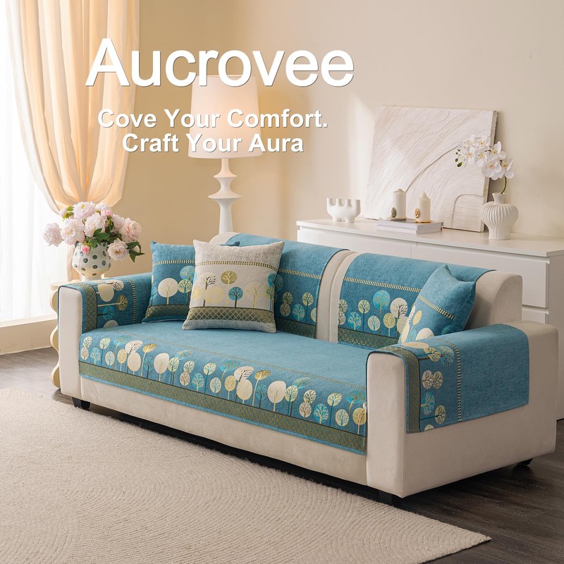Aucrovee Chenille Boho Jacquard Couch Cover, Washable Sectional Sofa Covers