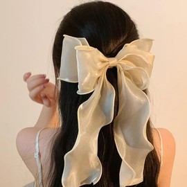 Large Bowknot Hair Clips for Women and Girls Organza Bow With Long Tail Ribbon Barrettes - Double Layer Knot Hairpin Headwear (Champagne color, One size)