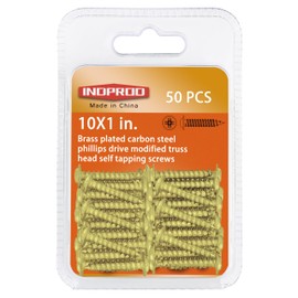 INDOROD #10 x 1" Truss Head Phillips Wood Screw (50 Pack), Brass Plated Screws, Self Tapping Wood Screws, Modified Truss Head, Brass Screws for Wood, 10 x 1 Inch, Gold
