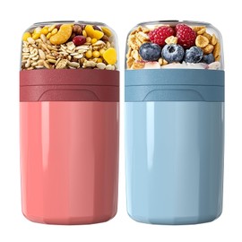2 Pack Overnight Oats Jars with Lids, Leak-Proof Overnight Oats Container with Toppings/Sauce Compartment, Dishwasher Safe Chia Pudding Jars for Work Gym Travel, Breakfast Prep Cups (Blue+Pink)
