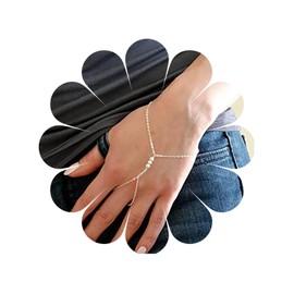 Allereya Vintage Pearl Finger Ring Bracelet Silver Slave Bracelet Pearl Ring Wrist Bracelet Tiny Bead Bracelet Pearl Slave Hand Chain Bracelet Jewelry for Women and Girls