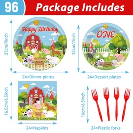 gisgfim 96Pcs Farm Animals Theme Birthday Party Supplies Barnyard 1st Birthday Paper Plates Napkins Cow One Farmhouse Birthday Tableware Dinnerware Set Decorations Favors for Baby Shower Serve 24