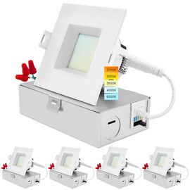 LUXRITE 3 Inch Square LED Recessed Ceiling Light with Junction Box, 10W, 5CCT Selectable 2700K/3000K/3500K/4000K/5000K, 800LM High Brightness, Dimmable Canless Downlight, Wet Rated, ETL (4 Pack)