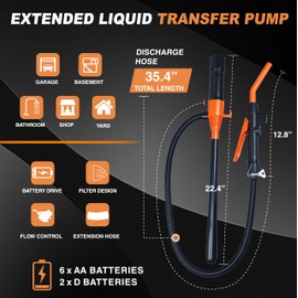Portable Power Battery Pump, Fuel Transfer Pump Battery Operated Electric Siphon Pump for Gas, Fuel, Diesel, Water Transfer 2.2 GPM, Flow Control Nozzle, Quick Control Flow and Stop, Extra Long Hose