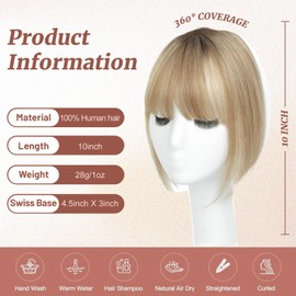 HOLFWALF Hair Toppers for Women Real Human Hair 4.5x3inch Swiss Base Hairpieces, Human Hair Toppers for Women with Bangs (Honey Blonde with Dark Brown Root)