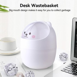 Desk Bin, 15.5 x 11 cm/6.1 x 4.3 inches, Cute Mini Desktop Rubbish Bin, Cartoon Cat Animal Shape Countertop Bin with Swing Lid, Small Waste Bin, Tiny Rubbish Bin for Desk (White)