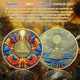 Delicate Sunflower 2 Month Sobriety Coin - Two Month Recovery Butterfly AA Coins - One Day at A Time NA HA AA Chips and Medallions - 1-40 Years Living Clean Alcoholics Anonymous Gifts for Men Women